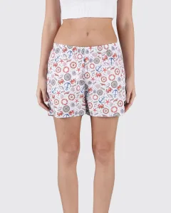White Nautical Womens Boxers. Whats Down women's printed cotton poplin boxers, front view