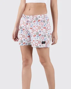 White Nautical Womens Boxers. Whats Down women's printed cotton poplin boxers, print close-up
