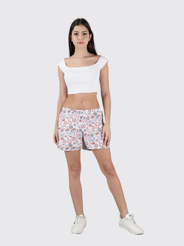 White Nautical Womens Boxers. Whats Down women's printed cotton poplin boxers