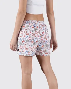 White Nautical Womens Boxers. Whats Down women's printed cotton poplin boxers, print close-up