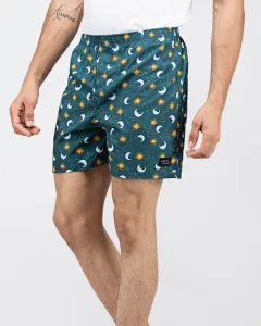 Green Galaxy Mens Boxers. Whats Down men's printed cotton poplin boxers, on model