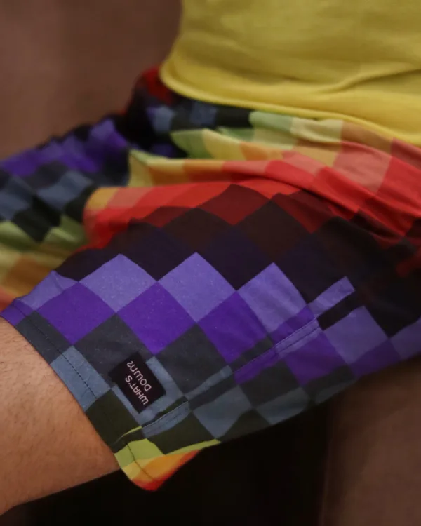 Man in a yellow shirt and Whats Down Multicolour Pixels printed boxers. Photo 2