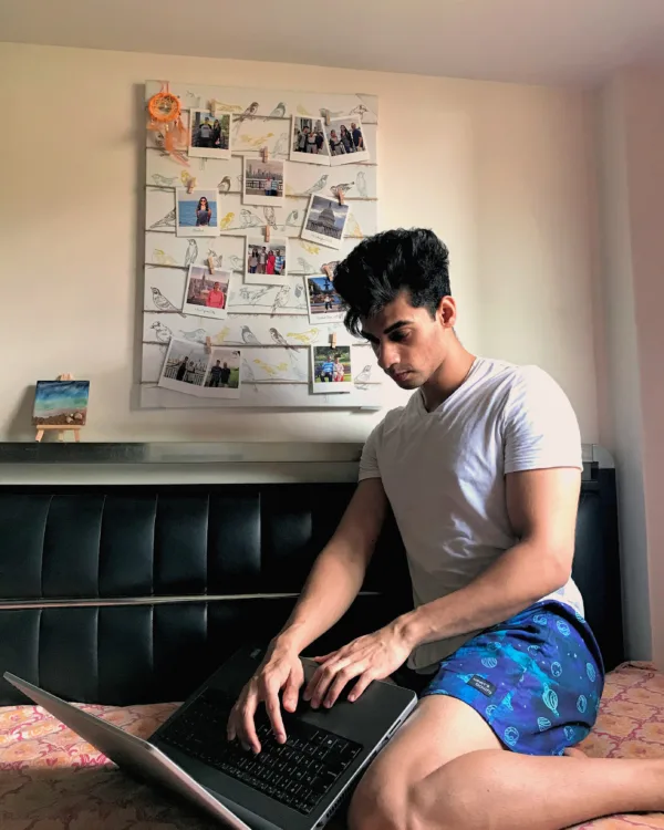 Man in Whats Down Blue Galaxy printed boxers. Photo 4