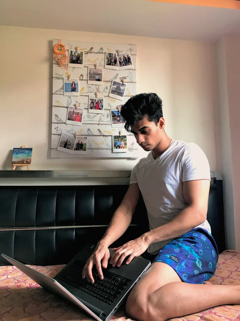 Man in Whats Down Blue Galaxy printed boxers. Photo 4