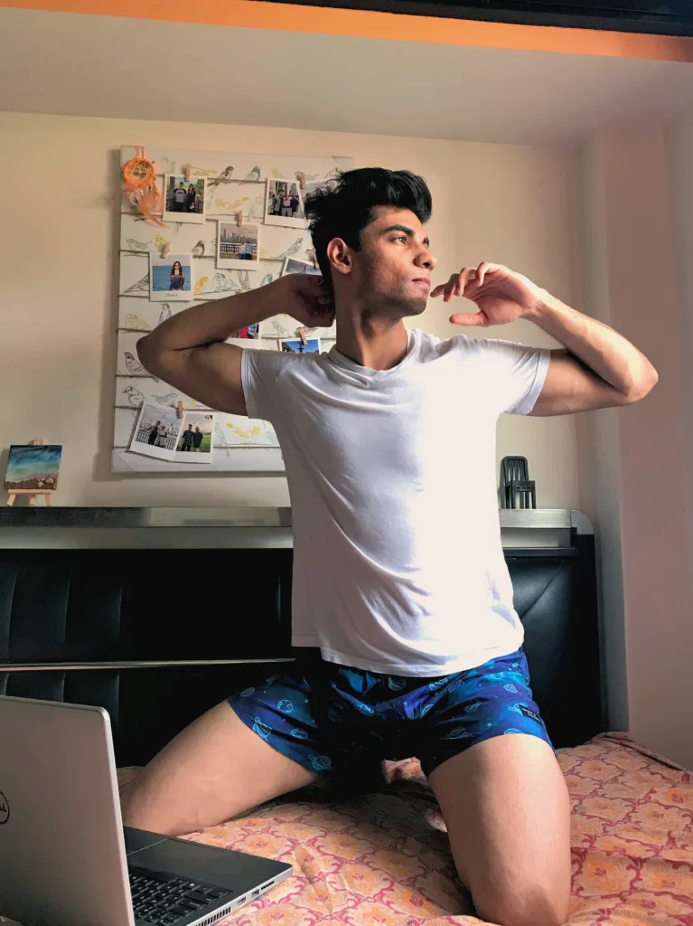 Man in Whats Down Blue Galaxy printed boxers. Photo 5