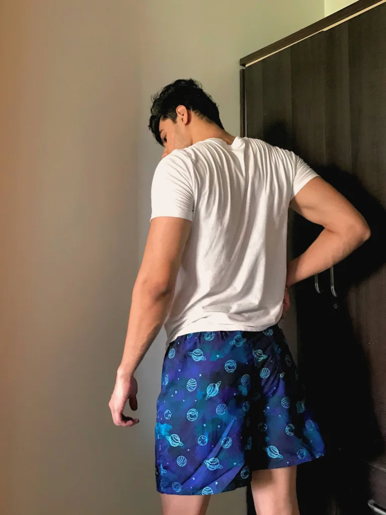 Man in Whats Down Blue Galaxy printed boxers. Photo 6