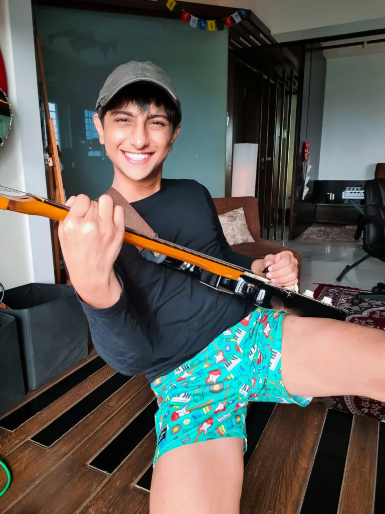 Man with a guitar in Whats Down Green Musical printed boxers. Photo 1