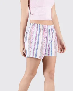 Multicolour Vertical Boho Womens Boxers. Whats Down women's printed cotton poplin boxers, on model