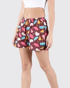 Maroon Umbrella Womens Boxers. Whats Down women's printed cotton poplin boxers, side view