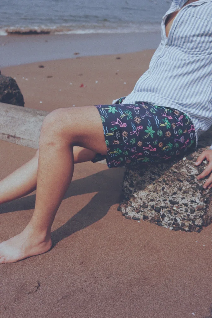 Man in Whats Down Blue Nautical printed boxers at the beach. Photo 3