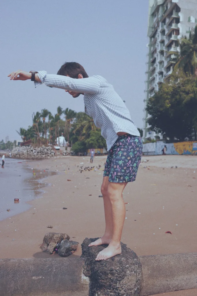 Man in Whats Down Blue Nautical printed boxers at the beach. Photo 2