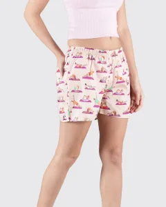 Peach Spot the Panda Womens Boxers. Whats Down women's printed cotton poplin boxers, print close-up