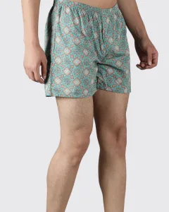 Green Dynasty Mens Boxers. Whats Down men's printed cotton poplin boxers, print close-up