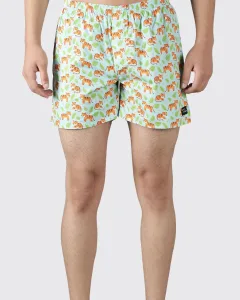 Green Sher Khan Mens Boxers. Whats Down men's printed cotton poplin boxers, front view