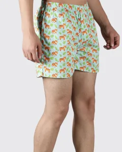 Green Sher Khan Mens Boxers. Whats Down men's printed cotton poplin boxers, on model
