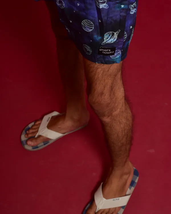 Man in Whats Down Blue Galaxy printed boxers. Photo 16