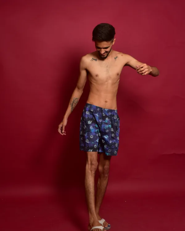 Man in Whats Down Blue Galaxy printed boxers. Photo 18