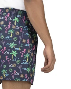 Whats Down navy flamingo printed men's boxers on a model, studio. Back