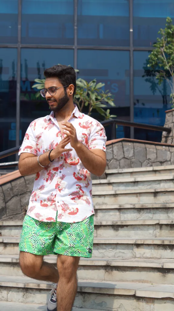 Man in Whats Down Green Tropical printed boxers. Photo 1