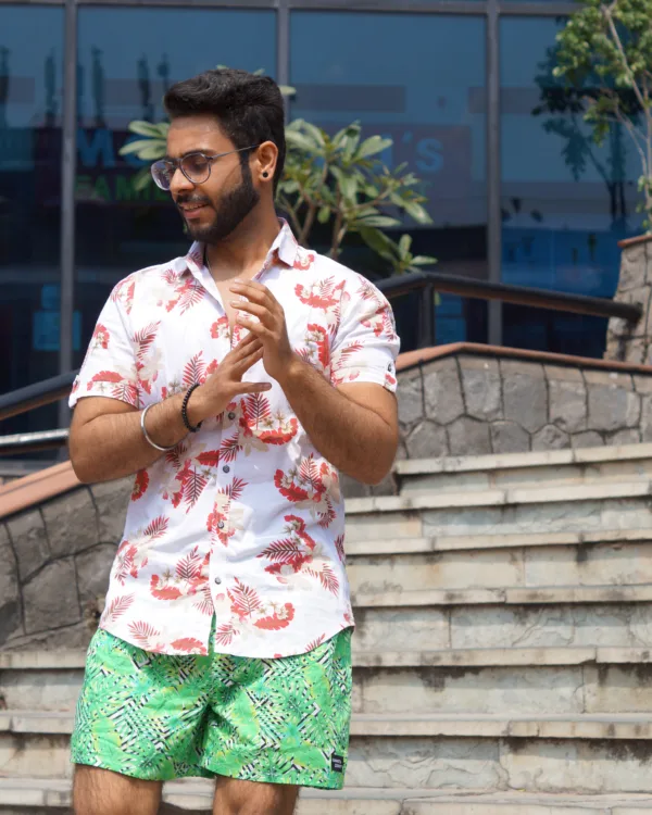 Man in Whats Down Green Tropical printed boxers. Photo 1