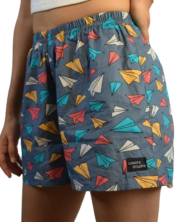Whats Down Grey Paper Planes women's printed cotton boxers. Front detail