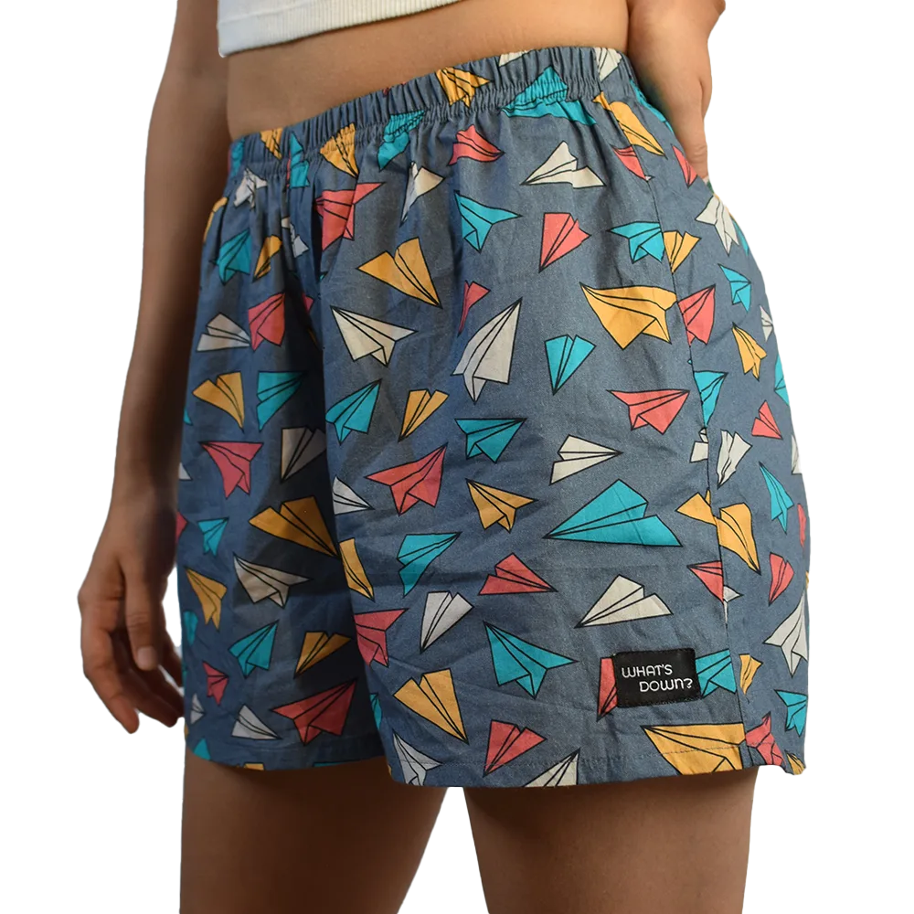 Whats Down Grey Paper Planes women's printed cotton boxers. Front detail