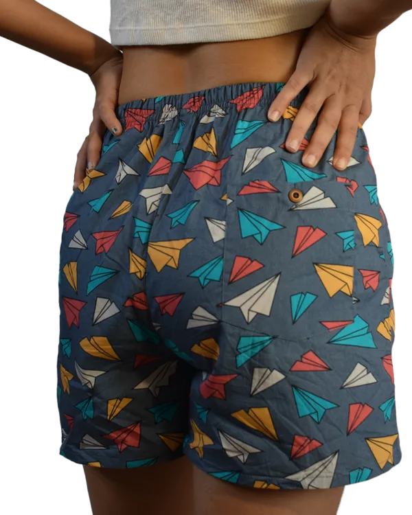 Whats Down Grey Paper Planes women's printed cotton boxers. Back detail