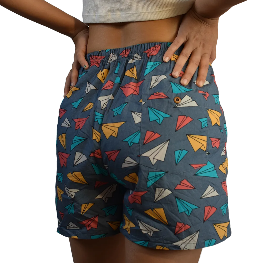 Whats Down Grey Paper Planes women's printed cotton boxers. Back detail