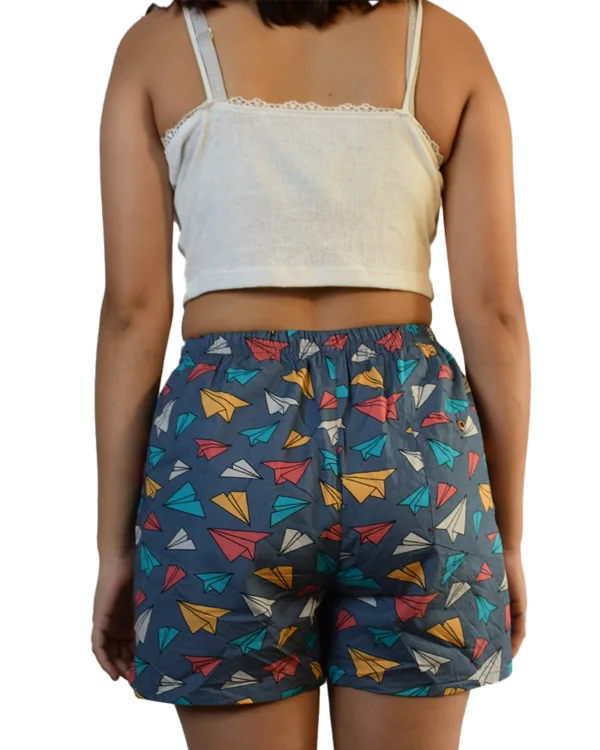Whats Down Grey Paper Planes women's printed cotton boxers. On model, back