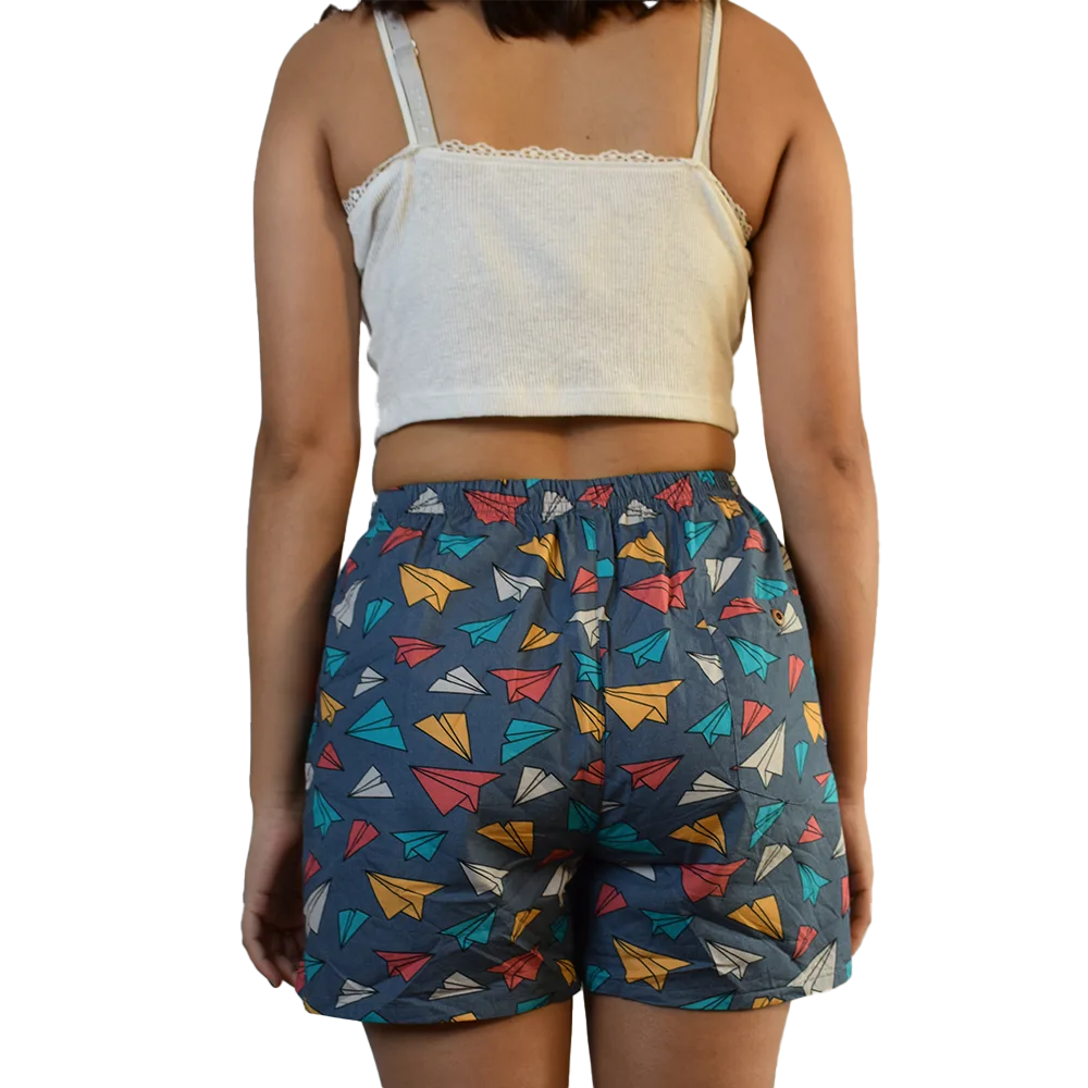 Whats Down Grey Paper Planes women's printed cotton boxers. On model, back