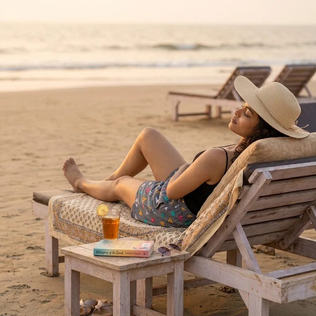 Woman in a hat and Whats Down printed cotton boxers relaxing on a beach lounger