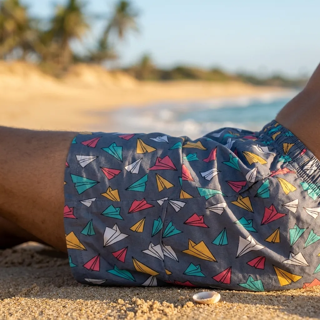 Whats Down grey paper-planes printed boxers. Close-up on the beach with the woven label