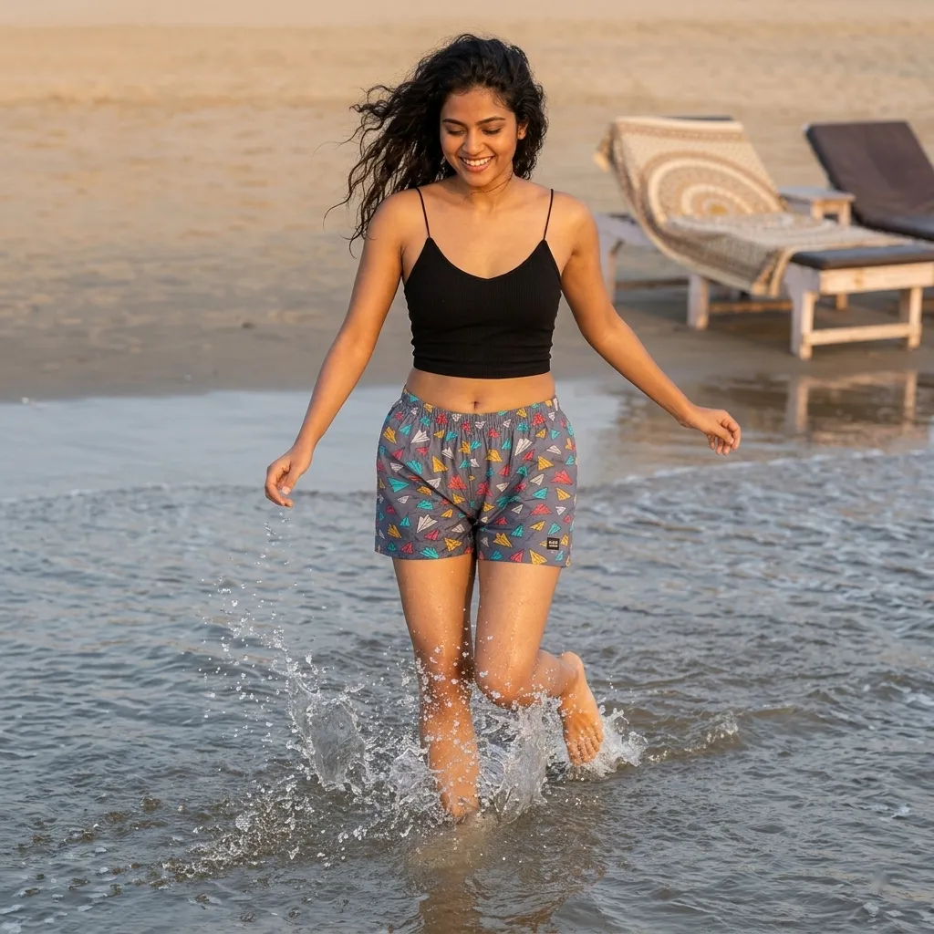Woman in a black top and Whats Down printed cotton boxers running through the waves