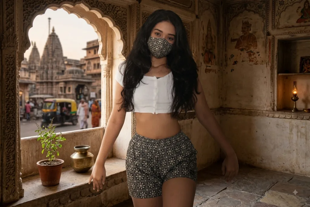 Woman wearing a Whats Down printed cotton face mask at a heritage window