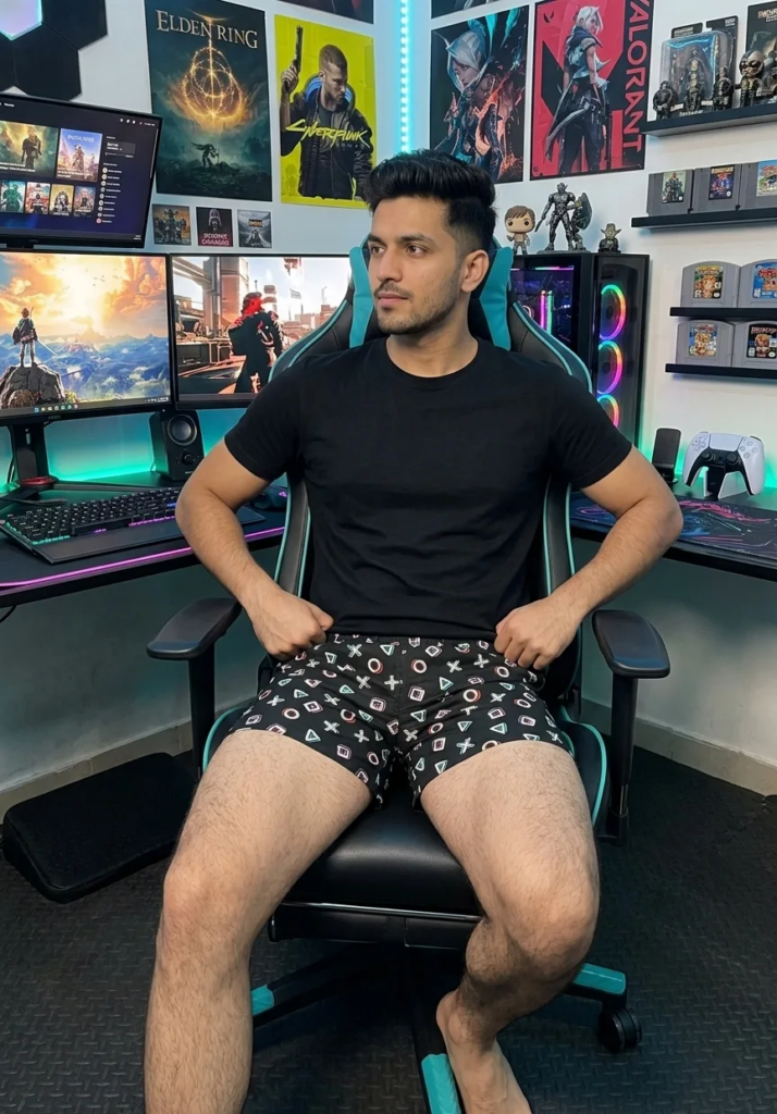 Man in a black tee and Whats Down printed cotton boxers in a gaming chair