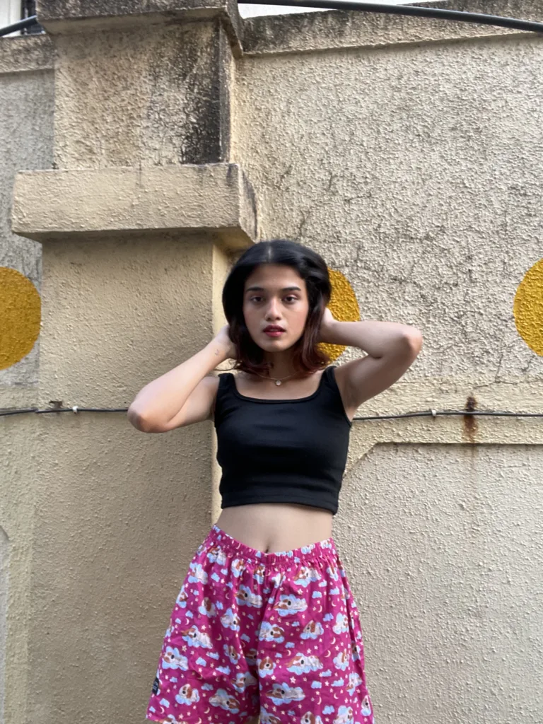 Woman in Whats Down pink printed boxers. Photo 1