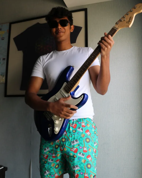 Man with a guitar in Whats Down Green Musical printed boxers. Photo 3