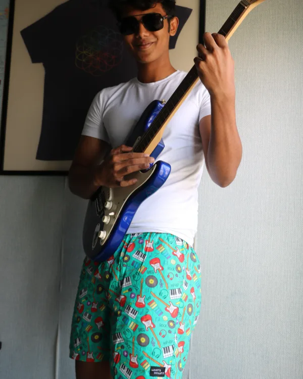 Man with a guitar in Whats Down Green Musical printed boxers. Photo 5