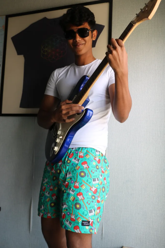 Man with a guitar in Whats Down Green Musical printed boxers. Photo 5