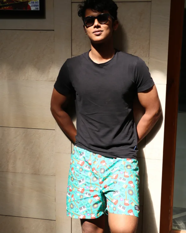 Man with a guitar in Whats Down Green Musical printed boxers. Photo 6