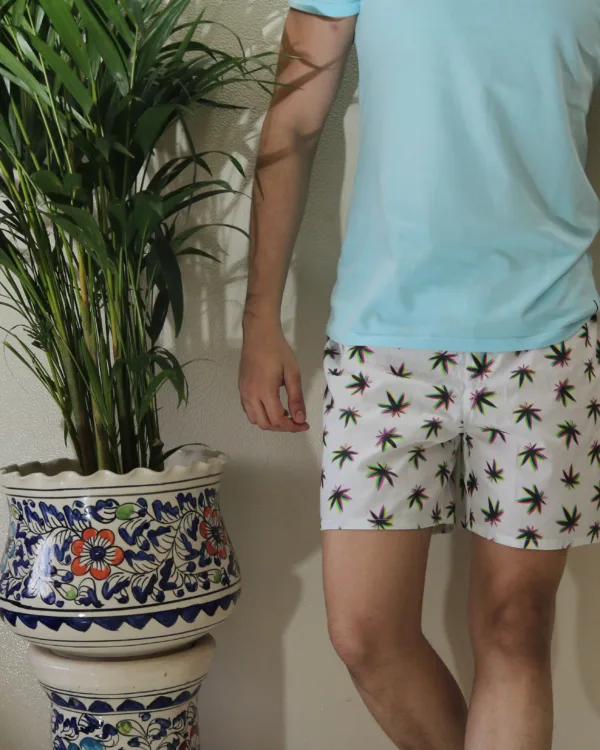 Man in a light-blue tee and Whats Down white printed boxers beside a palm plant. Print detail