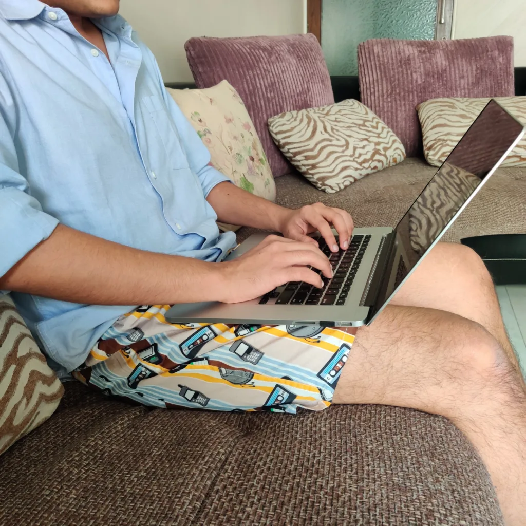 Man in Whats Down Brown Old Tech retro printed boxers. Photo 13