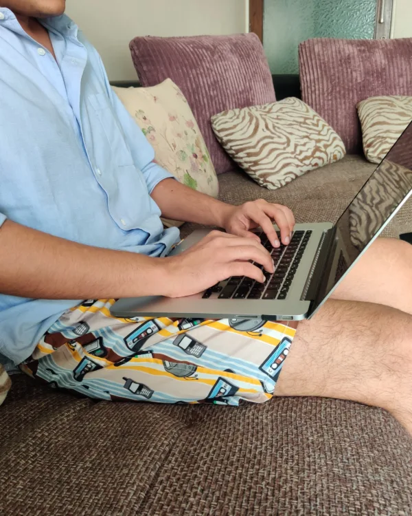 Man in Whats Down Brown Old Tech retro printed boxers. Photo 13
