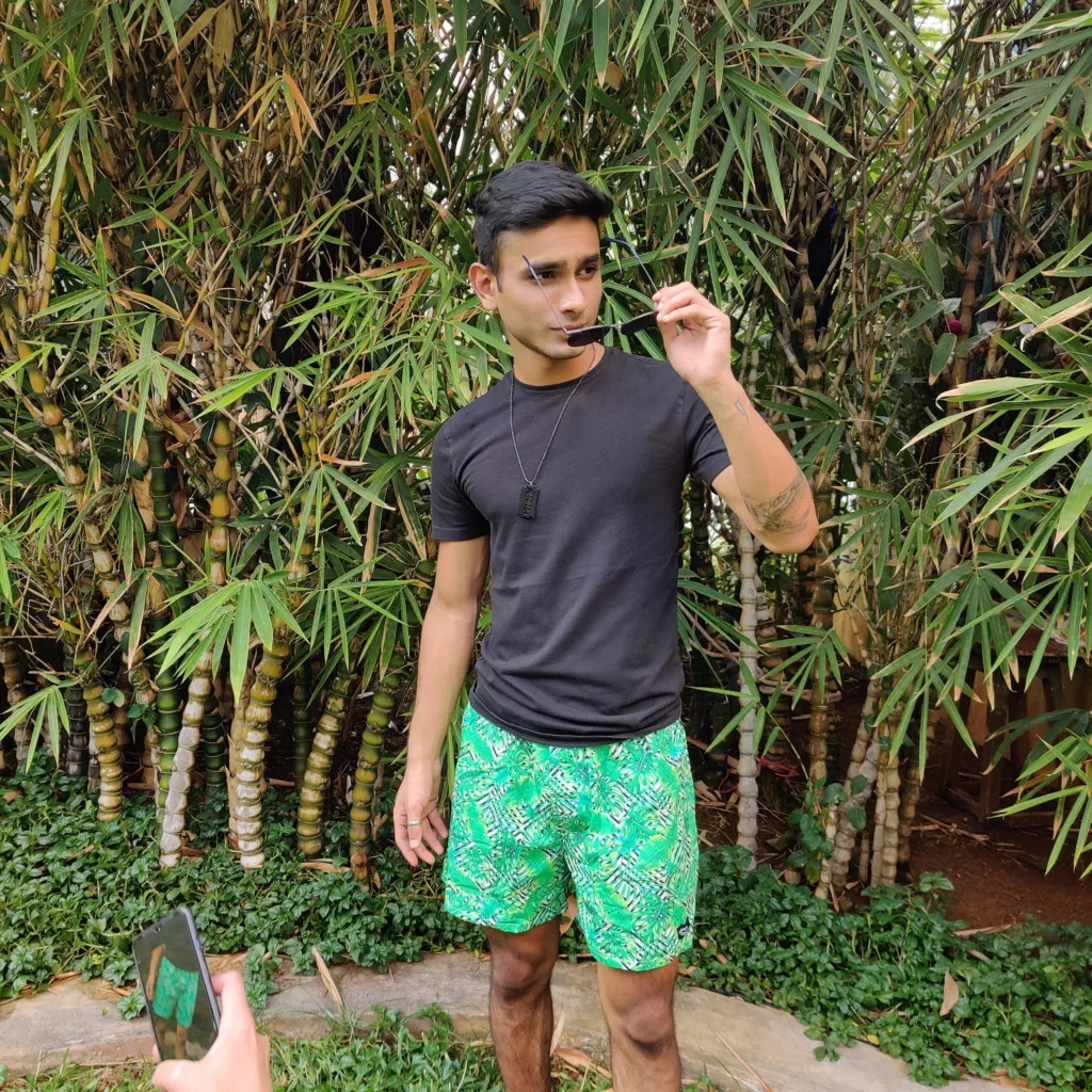 Man in Whats Down Green Tropical printed boxers. Photo 3