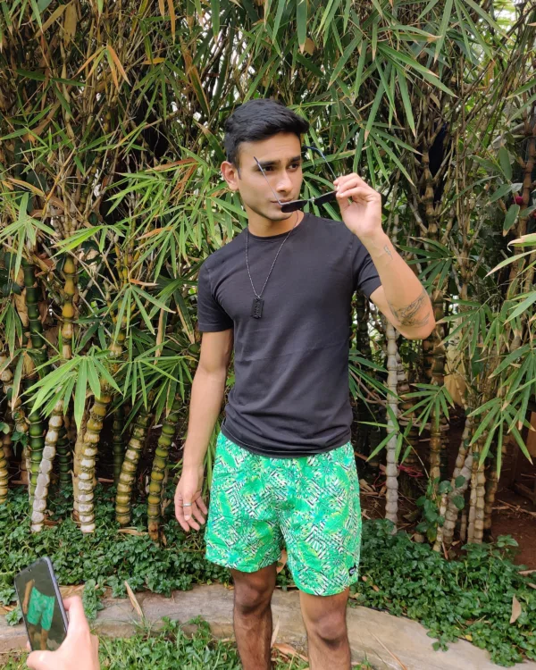 Man in Whats Down Green Tropical printed boxers. Photo 3