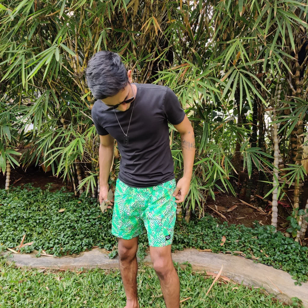 Man in Whats Down Green Tropical printed boxers. Photo 4