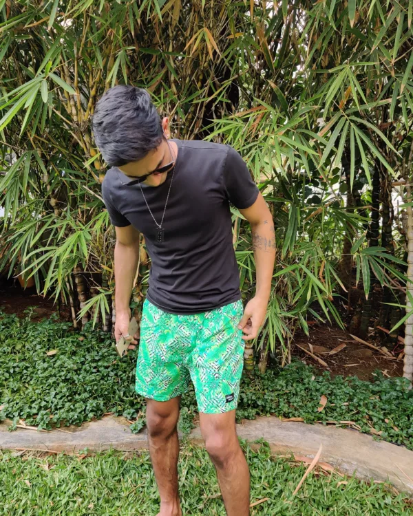 Man in Whats Down Green Tropical printed boxers. Photo 4