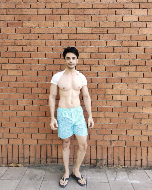 Man in Whats Down Blue Mosaic light-blue printed boxers. Photo 15