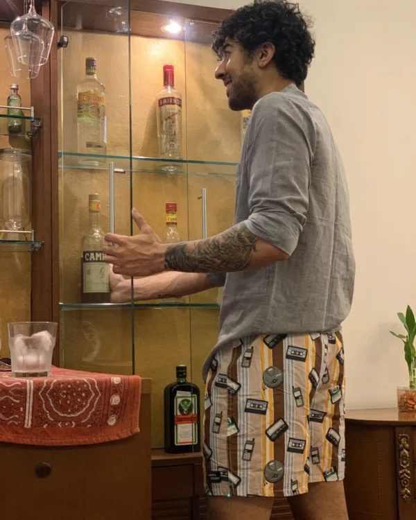 Man in Whats Down Brown Old Tech retro printed boxers. Photo 4