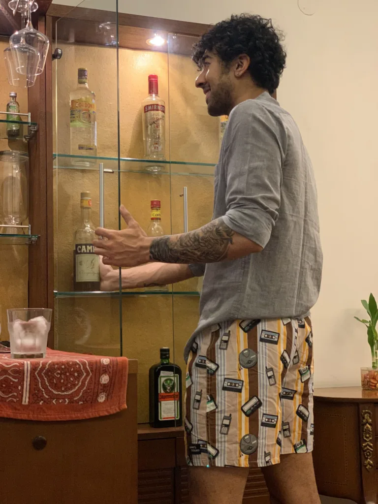 Man in Whats Down Brown Old Tech retro printed boxers. Photo 4